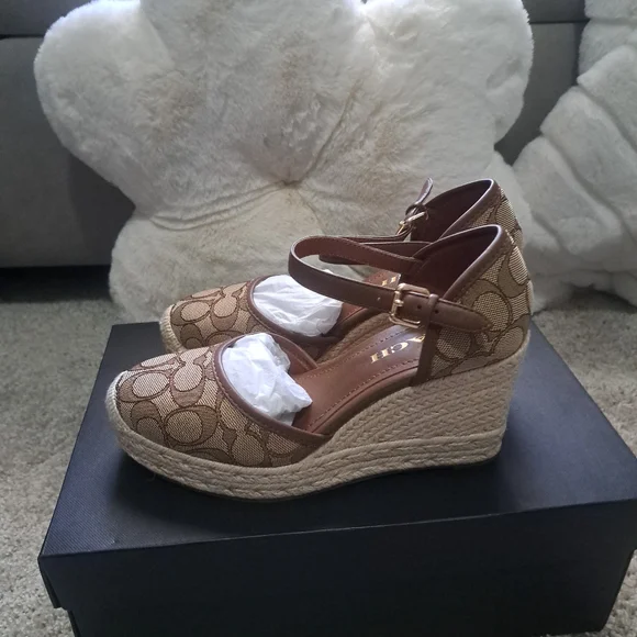BRAND NEW Coach Women's Brown Espadrille Wedge Sandals - Picture 5 of 11